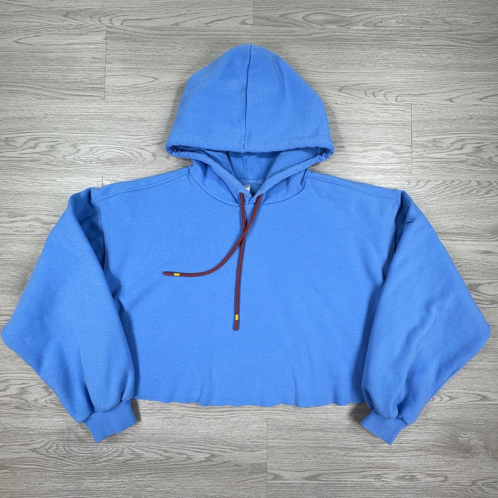 Fabletics Women's Hoodie Cropped Raw Hem Blue Large Fleece Long Sleeve Pullover